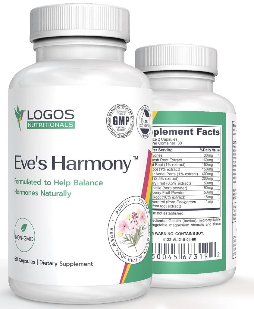 Evin Harmony Menopauza Dodatek, Hormonální podpora pro ženy se Soy Isoflavones, Black Cohosh & Red Raspberry, Non- GMO Natural PMS & Menopauzální Symptom Podpora, 60 Kapsle