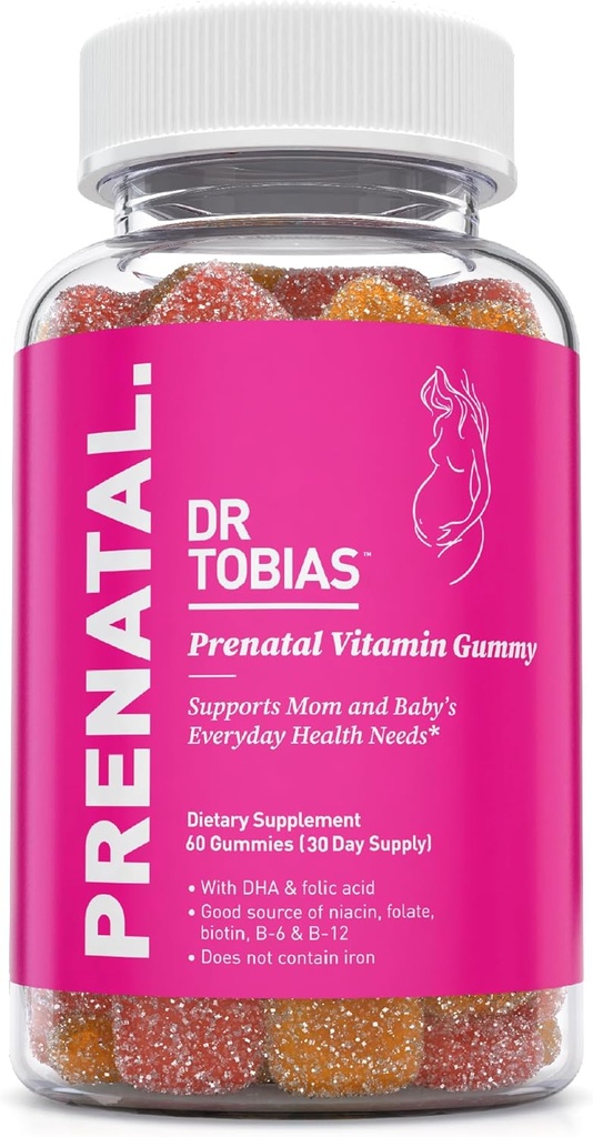 Dr. Tobias Prenatal Vitamin Gummy, Iron Free Prenatal Vitamíny s DHA a kyselina listová, Niacin, Biotin, B6, & B12, Zahrnuje rybí olej, pro pre & postnatální podporu, 60 Gummies, 30 Servings