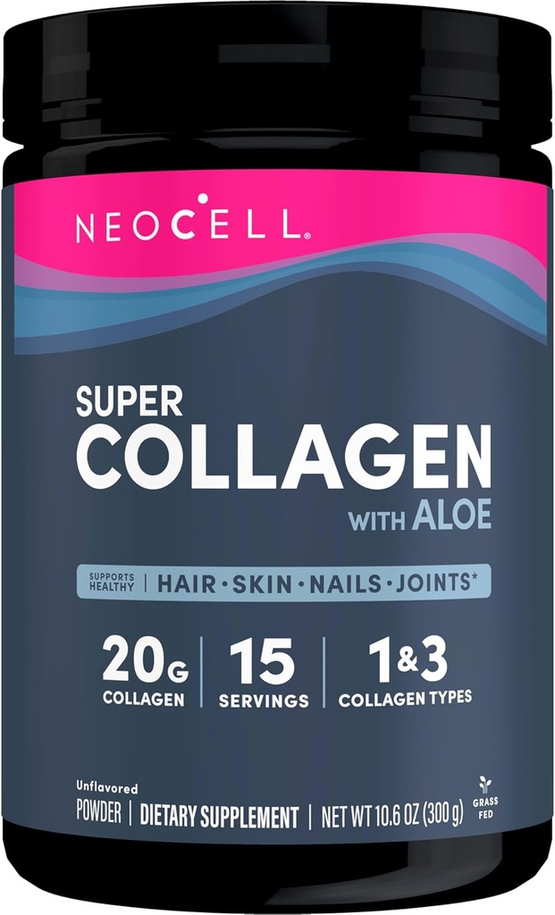 Neocell Super kolagen s aloe; kolagen typ 1 a 3; Podporuje zdravé vlasy, kůže a nehty; gluten zdarma; Neochucený prášek; 10 g kolagen / servírování; 30 Služeb; 10.6 Oz, *