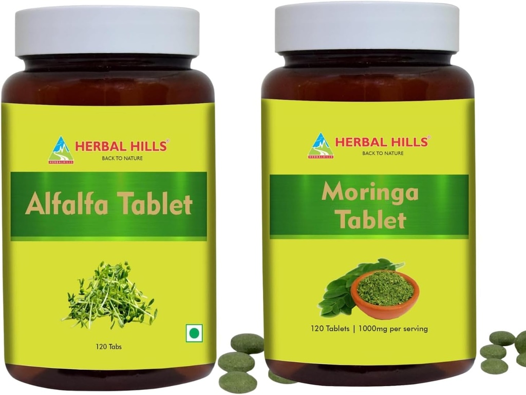 HERBAL HILLS Alfalfa Tableta a Moringa Leaf Tableta Balení 2 Combo