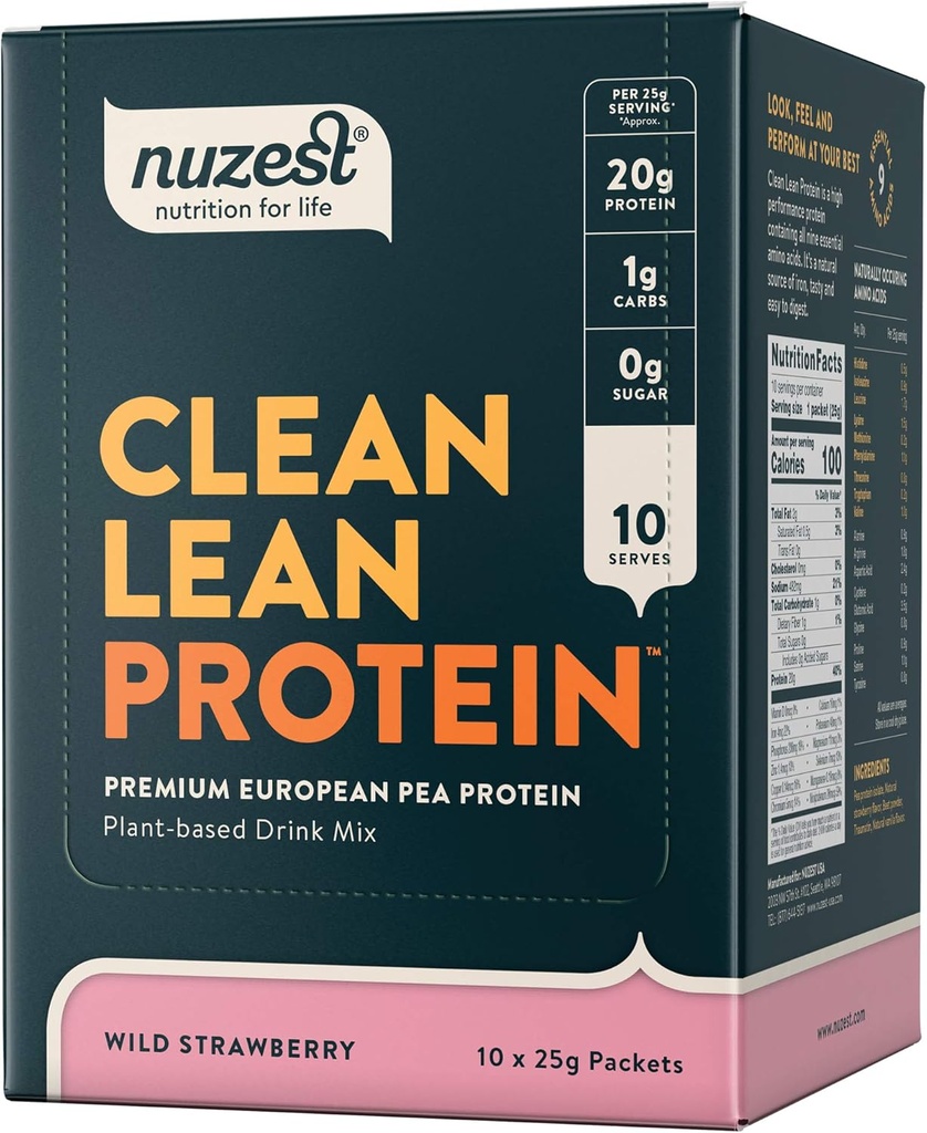 Nuzest - Pea Protein Powder - Clean Lean Protein, Premium Vegan Plant Based Protein Powder, Dairy Free, Gluten Free, GMO Free, Protein Shake, Wild Strawberry, 0.9 oz, (balení 10)