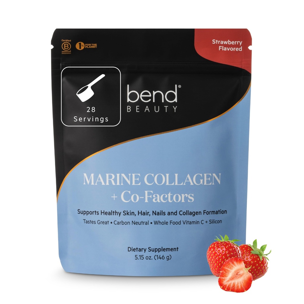 Bend Beauty Marine Collagen + Co- Factors C124; Jahodová ochucená kolagen prášek 124; Hydrolyzované kolagen dodatek C124; Rybí kolagen Peptidy + Silicon + vitamin C C124; Podporuje zdravou pleť, vlasy a nehty