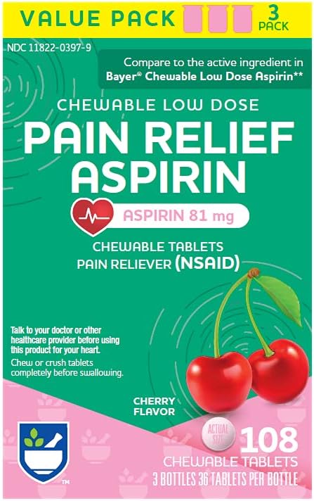 Rite Aid Aspirin 81 mg, Chewable Tablets Pain Reliever, Cherry Flavor, 3 Lahvičky, 36 Počet každý (108 Počet celkem) 124; Chewable Aspirin Regimen S124; Bolest hlavy Relief 124; Aspirin 81mg pro dospělé