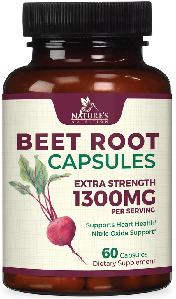 Řepné kořenové kapsle 1300mg - Extra Strength Red Beetroot Powder Supplement - Podporuje výrobu oxidu dusnatého, srdeční zdraví a přírodní energii - Non- GMO, Vegan, Gluten Free - 60 Veggie Kapsle