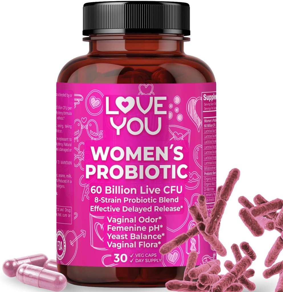 Love You Womens Probiotic, Ph Balance, Ut, Feminin, Vaginální zdravotní dodatek, stravovací, Pre + Pro + Postbiotic, Zpožděné vydání, 60 Milionů živých CFU, 8-Strain Probiotic Blend, 30 Veg Caps Service