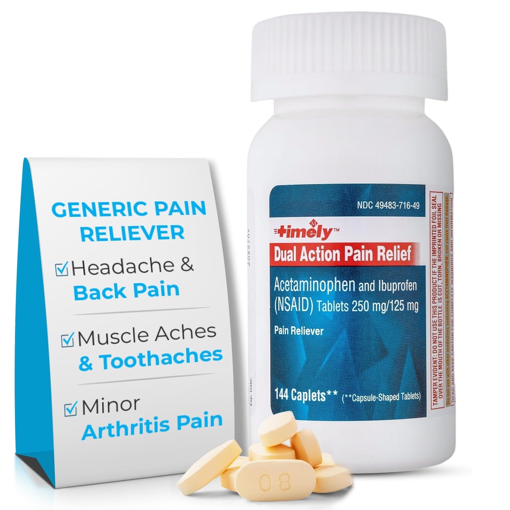 Časově Dual Action Acetaminophen 250 mg a Ibuprofen 125 mg - Genericky Reliever bolesti, Reducer horečky, Reliéf bolesti hlavy, Menstruační bolest, Obuv zubů, Svalová Ache, Reliéf bolesti artritidy - 144 Počet