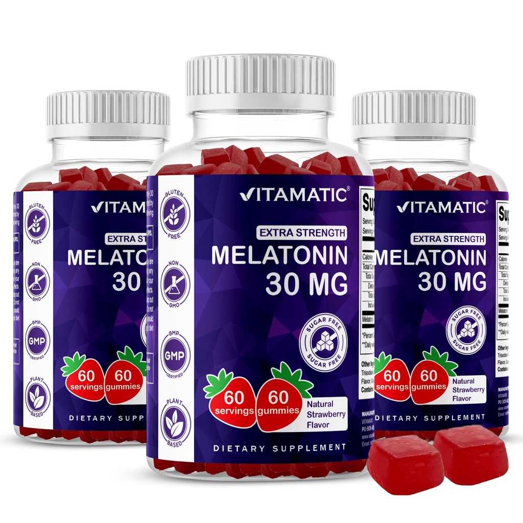 Vitamatic Sugar Free Melatonin 30mg na Gummy - 60 Servings - 60 Vegetariánské gumy - Non-Habit Forming dodatek (60 Počet balení 3)