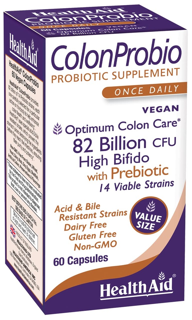 HealthAid ColonProbio 82 Milionů s Prebiotic, 14 Strains, Jednou denně, 60ct, Optimum Colon Care, Acid & Bile Resistant, Dairy Free, Gluten Free, Non- GMO, High Bifido