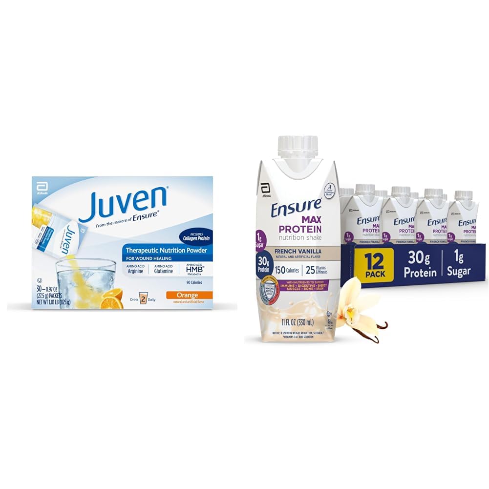 Juven Terapeutické Nutrition Drink Mix Powder for Wound Healing, 30 Počet + Zajistit Max Protein Nutrition Shake, Francouzská vanilka, 12 Pack