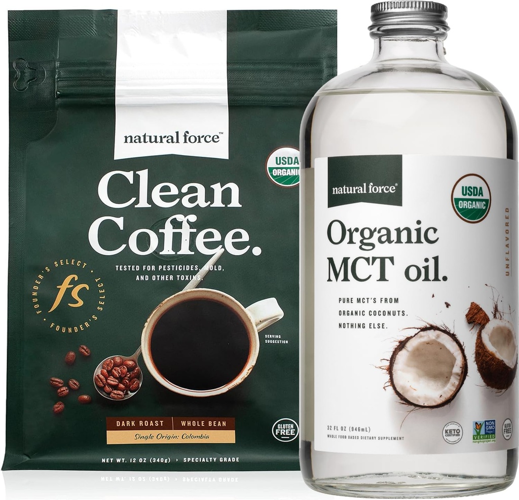 Natural Force Organic Dark Roast Clean Coffee + Organic MCT Oil Bundle - 100% čisté kokosové MCTs & Mold & Mycotoxin Free Coffee - Non- GMO, Keto, Paleo, a Vegan - 12 Oz a 32 Oz