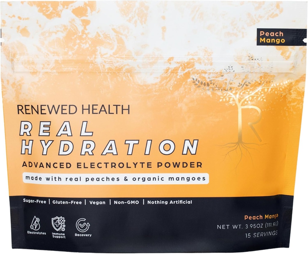 Real Hydration - Organic Fruit- Based Electrolyte Mix - Made with Organic Fruits & Pink Salt - Zero Sugar & Vegan - Hydration, Immunication & Recovery Support (15 Služeb, Peach Mango)