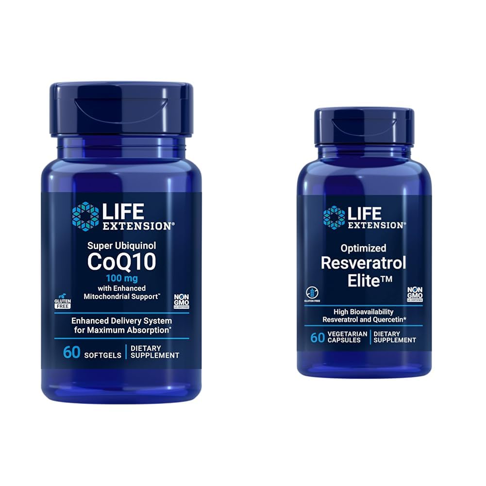 Life Extension Super Ubiquinol CoQ10 60 Softgels a Optimalizovaný Resveratrol Elite 60 Vegetariánské Kapsle Bundle