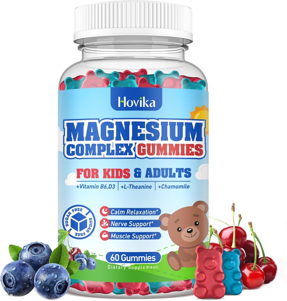 Děti Magnesium Gummies - Magnesium Glycinát Citrát Žvýkací dodatek s vitaminem B6, D3, Vášeň květina, L-theanin - Cukr Free Calm Magnesium pro děti a dospělé Spánek, Mood, Relaxace, 60 Žvýkání