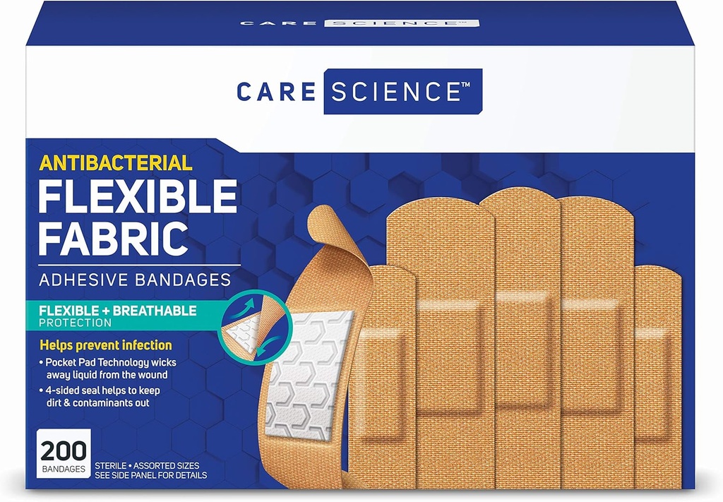Péče Věda Fabric Adhesive Obvazy, 200 ct Bulk Asdied Velikosti 124; Flexibilní + Dýchatelná ochrana pro první pomoc a zranění