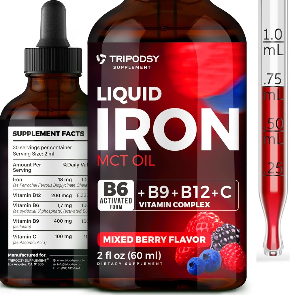 Liquid železo doplněk pro ženy a muže - Železné Kapky s B6, B9, B12, Vitamin C pro anemii, Blood Builder, Folát pro červené krvinky a imunitní podpora MCT Oil (2 Fl Oz, Smíšené Berry)