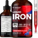 Liquid železo doplněk pro ženy a muže - Železné Kapky s B6, B9, B12, Vitamin C pro anemii, Blood Builder, Folát pro červené krvinky a imunitní podpora MCT Oil (2 Fl Oz, Smíšené Berry)