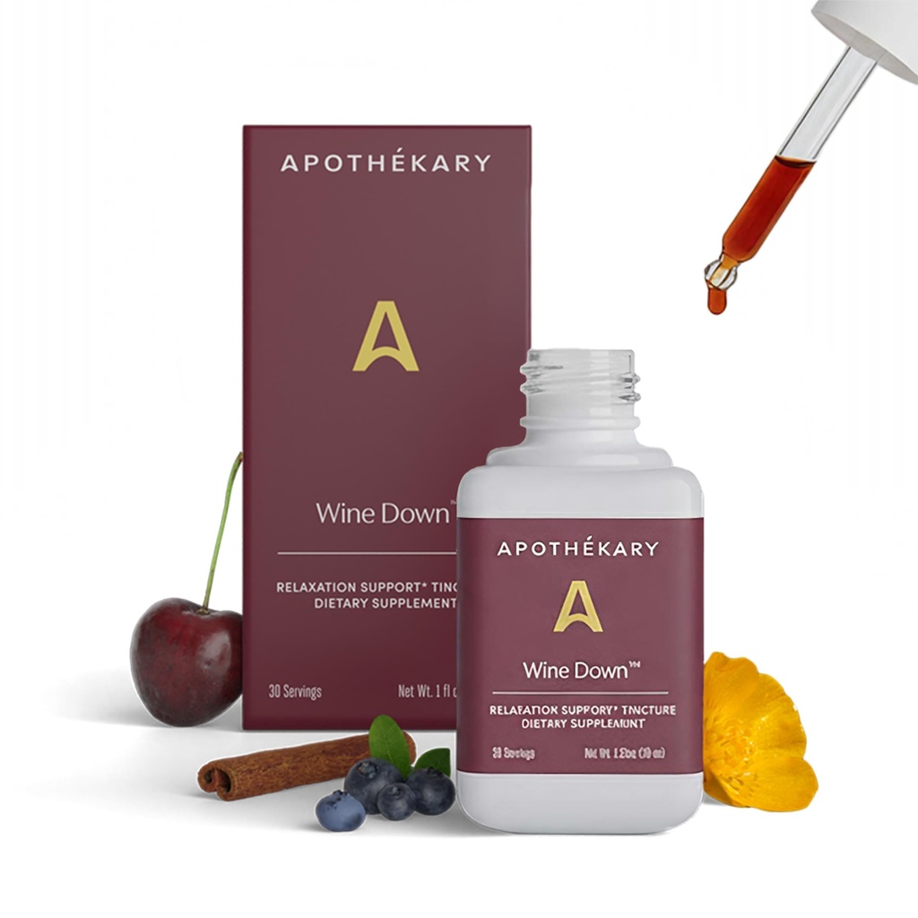Apothékary Wine Down, Natural Sleep and Relaxation Support, Alcohol- Free Red Wine-Inspired Herbal Liquid Drops, Skládá se z modrého sporýše, Tart Cherry, a Kalifornie Poppy, 1 oz, 30 Služeb