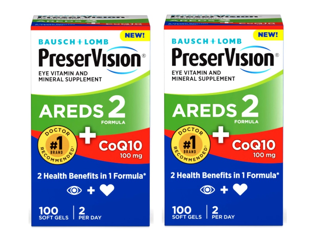 Konservizní oční vitamín a minerální doplněk ARES 2 Formule + CoQ10, 2-in-1 Zdravotní výhody, 100 Softgels (2 za den) Balení po 2