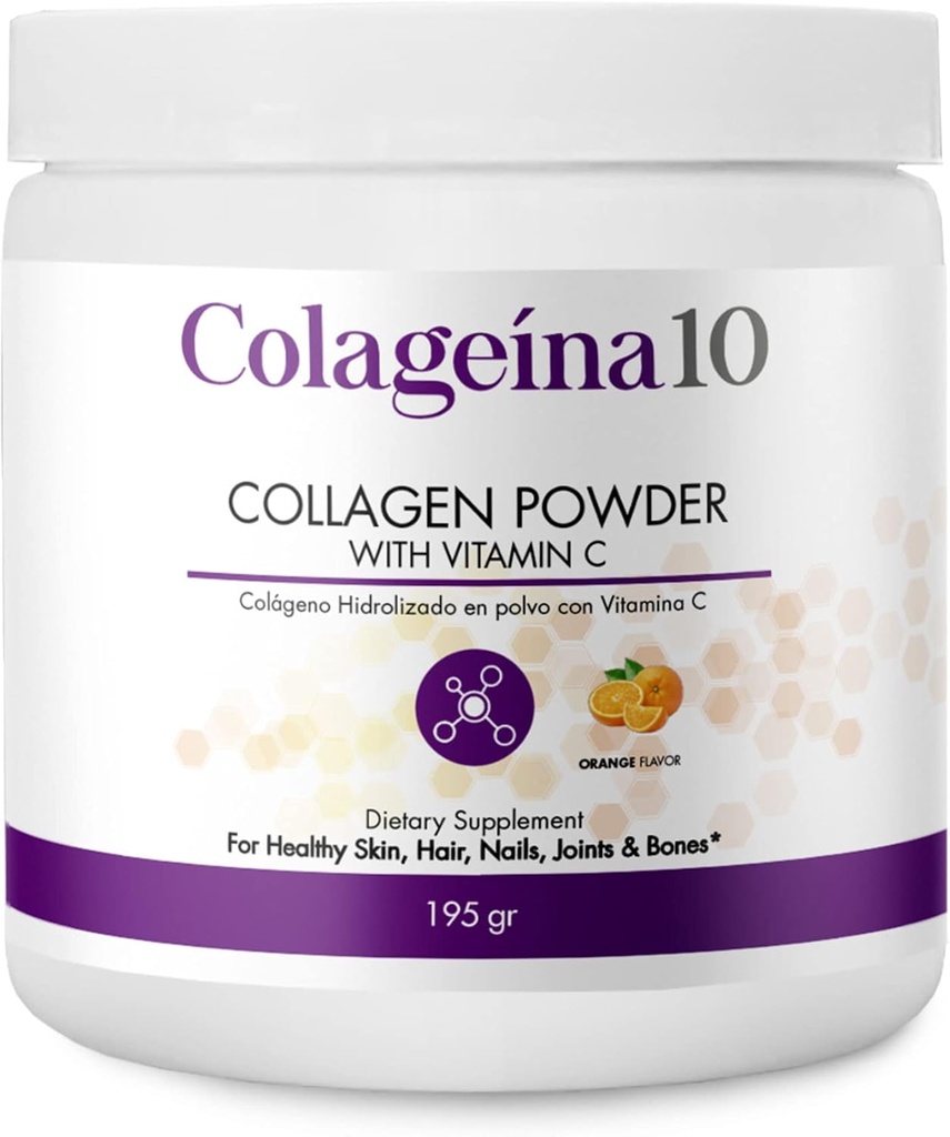 Kolagina 10 Hydrolyzovaný kolagen prášek s vitaminem C (195 gr) - Orange Flavor - Anti- Aging dietní dodatek pro zdravou pleť, vlasy, nehty, klouby, a kosti