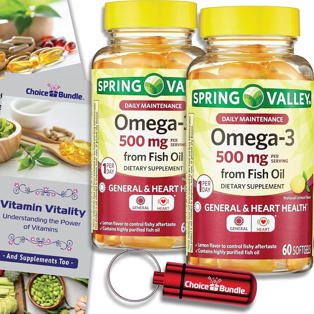 Volba Bundle Spring Valley Fish Oil Omega 3 Fatty Acid dodatek Lemon Softgels 500 mg 60 Ct 2 pk (120 Celkem) + vitaminový průvodce a Pill Container (4 položky)!