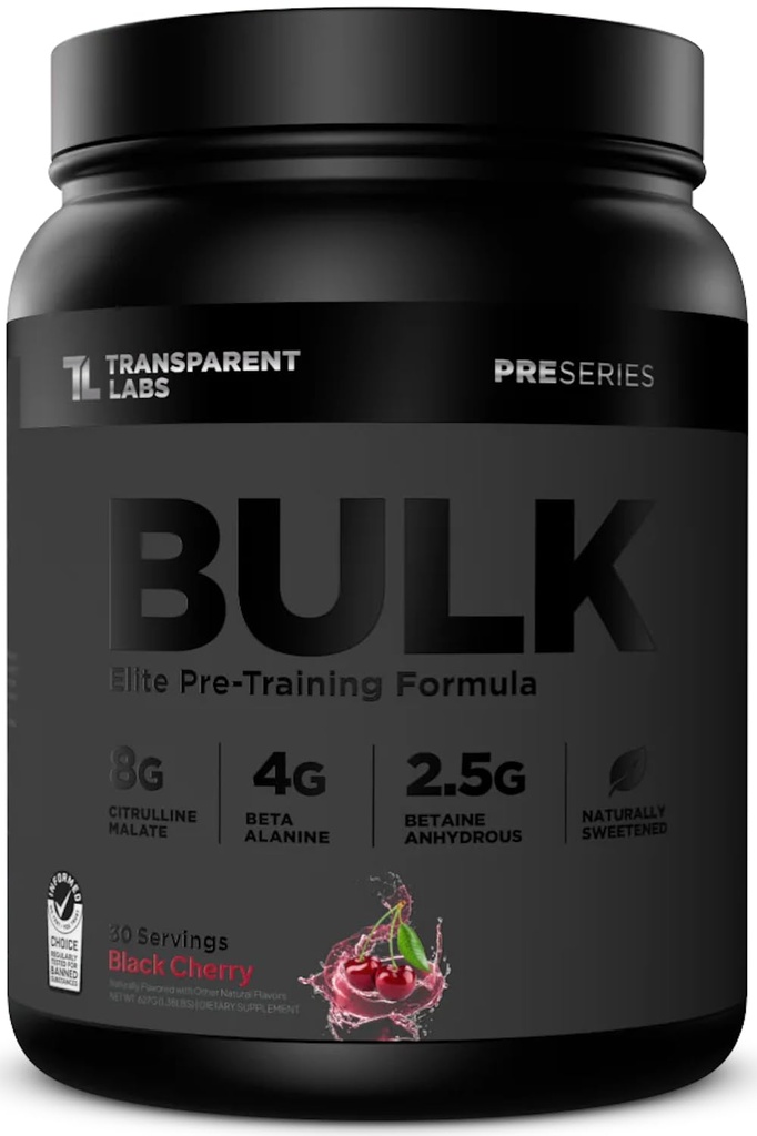 Transparentní Labs Bulk Black Pre Workout - Klinicky dávkované, Sugar Free Prework pro muže a ženy s Beta Alanine Powder, Citrulline Malate, & Kofein - 30 Servings, Black Cherry
