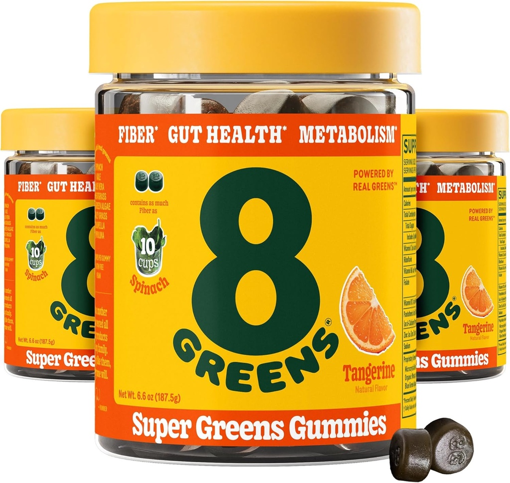 8Green Daily Fiber Super Greens Gummies - Tangerine Flavor: Zvýšení imunitního systému a trávicí zdraví s 8 Real Greens - Non- GMO Formule, Žvýkačky, 50 gummies, balení 3