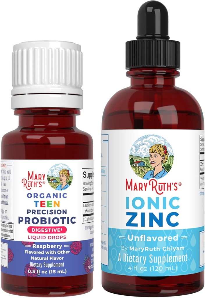 MaryRuth Organics Precision Probiotic Probiotic for Teens (Raspberry) & Zinek Kapky 124; Clean Label Project Ověřený ® Gut 124; Vitamíny pro Gut Health, Imunity Support, & Celkově Wellness Gluten zdarma