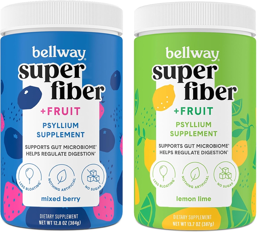 Bellway Super Fiber Powder + Ovoce, Sugar Free Organic Psylium Husk Powder Fiber Dodatek pro Regularitu, Bloating Relief & Gut Health, Non- GMO, Smíšené Berry & Lemon Lime