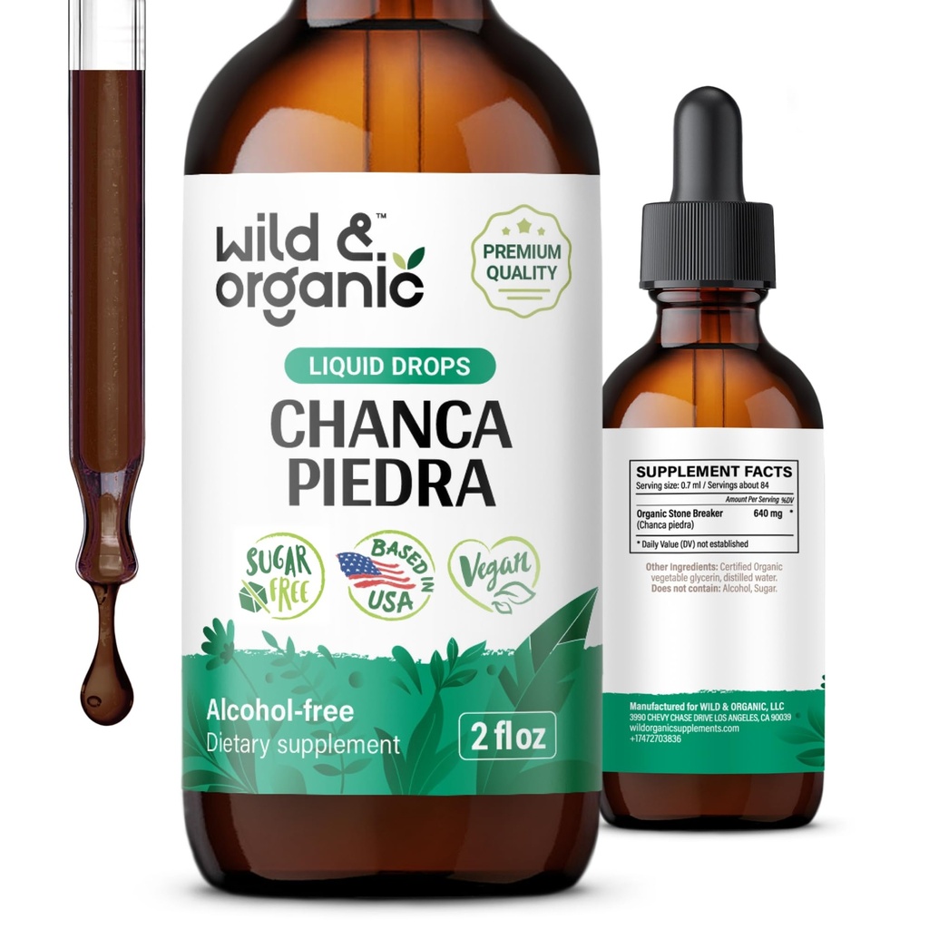Wild & Organic Chanca Piedra Liquid Extract Drops - Stone Breaker for Ledney Stones & Gallurger Support - Bylinná tinktura pro močový trakt Well- Began, Cukr & Alcohol- Free - 2 fl oz