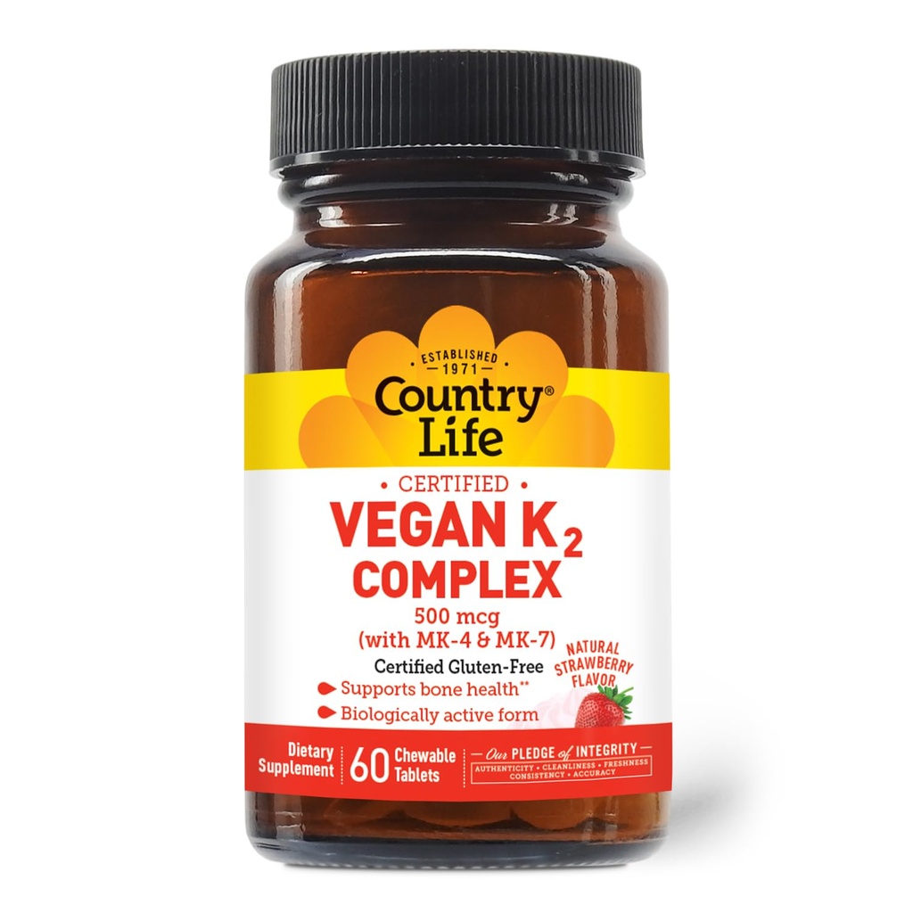 Country Life ® Vegan K2-500 mcg, 60 Ct. Žvýkací tablety. Strawberry Flavor - Certified Gluten Free - Certified Vegan by AVA - na podporu zdraví kostí