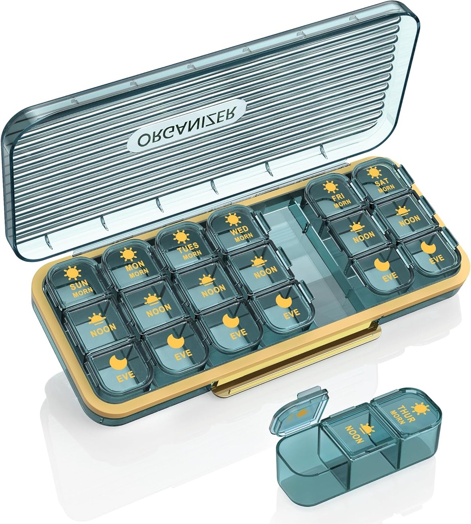 Pořadatel pilulek 3 krát denně, 7 dní Pill Box 3 krát denně - Acedada Týdenní vitamin Box Pořadatel se 7 samostatnými kontejnery, Přenosná denní medicína plánovač Pouzdro pro doplněk vitamínu Fish Oil, modrá