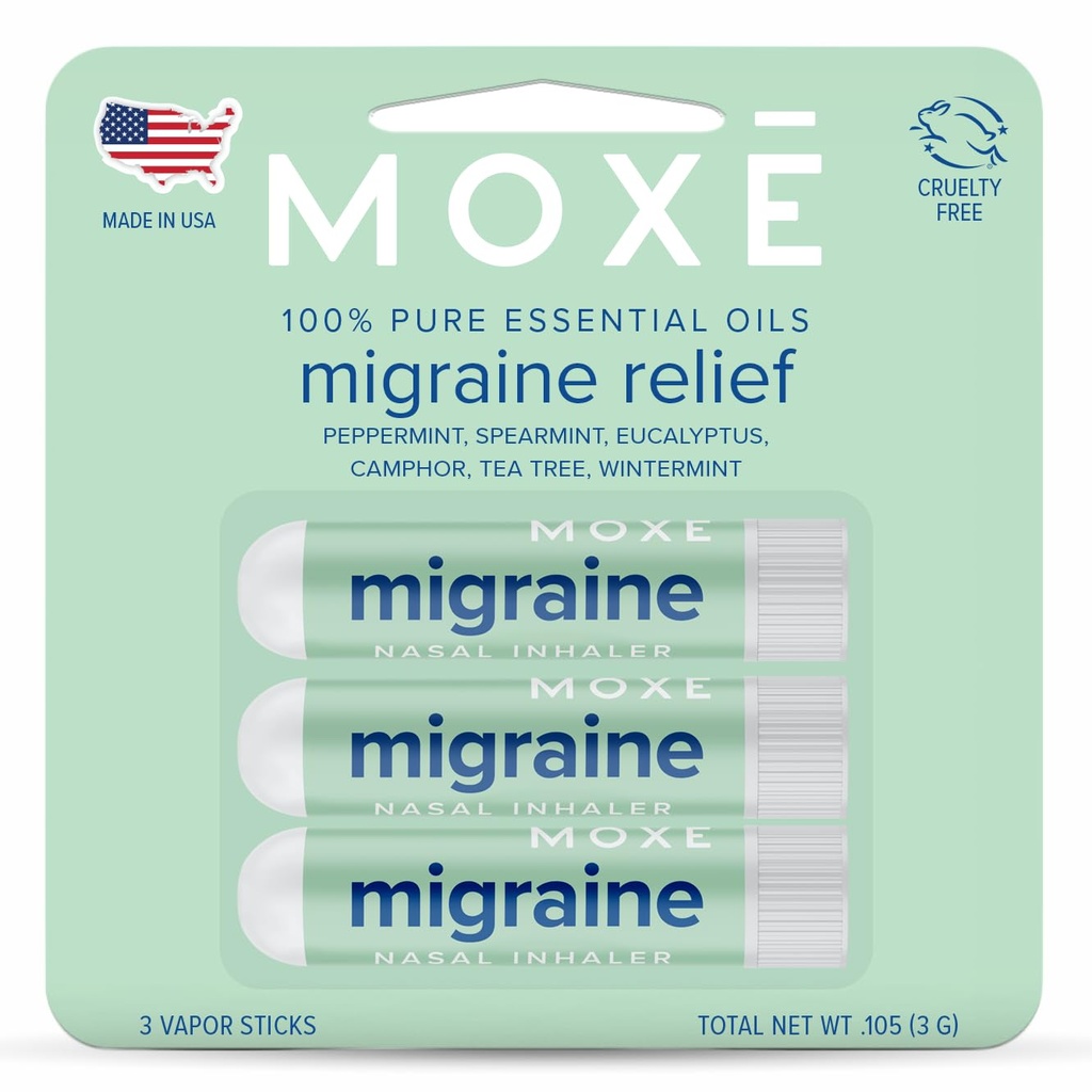 MOXE Migréna Relief Nasal Inhalátory, Základní oleje pro bolest hlavy a napětí Relief, Přenosná aromaterapie, Easyto- Use, Čisté a neředěné, Pepermint, Spearmint, Eucalyptus, Tea Tree, USA Made, 3 Pack