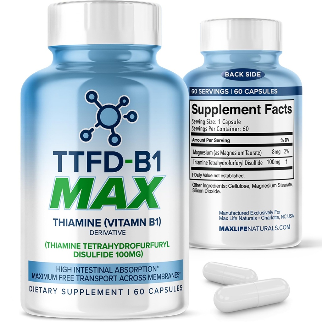 TTFD Thiamin B1 Dodatek 60Kapsle Vyrobeno v USA- Thiamin TTFD Vitamin B1 MAX, High- potency dodatek pro energii a zaměření, Podporuje zdravé nervové funkce a celkové Wellness MaxLife Naturals