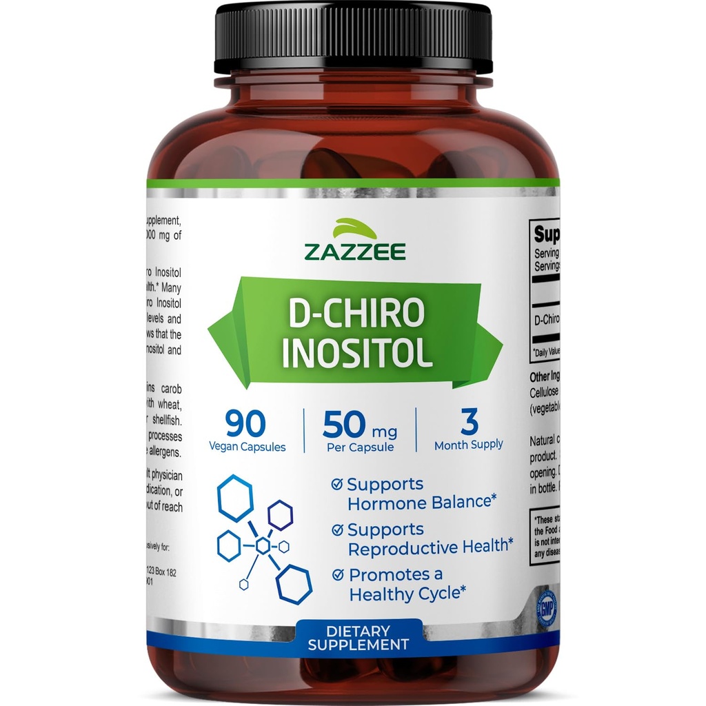 Zazzee D- Chiro- Inositol, 50 mg na kapslí, 90 Veganských kapslí, Ideální dávkování pro 40: 1 Poměr s Myo- Inositol, 3 měsíční zásoba, 100% Vegetarián, Non- GMO