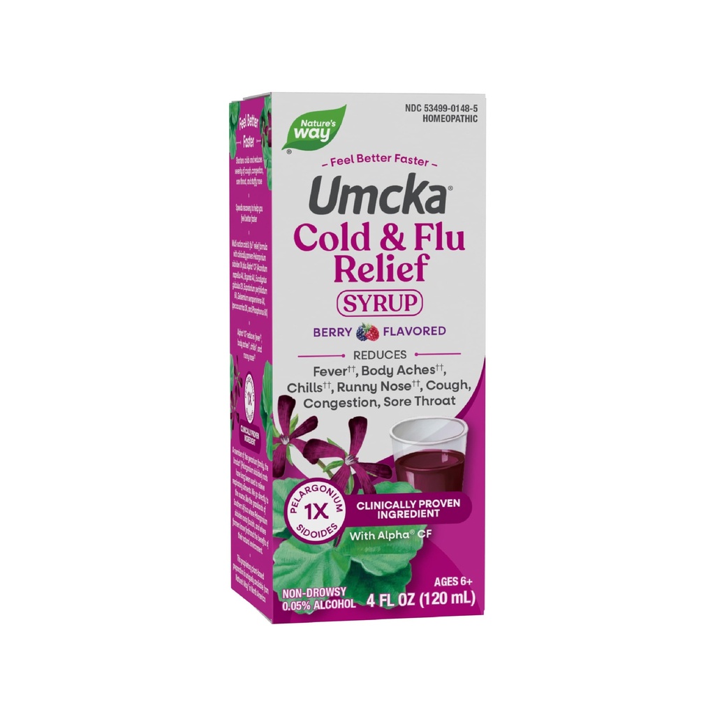 Nature 's Way Cold + Flu Relief Syrup, Umcka, Fever *, Sore Throat, Cough, Congestion, Body Aches *, Homeopatic, Fenylephrine Free, 0.05% Alkohol, Berry ochucený, 4 Fl Oz (balení květen Vary)