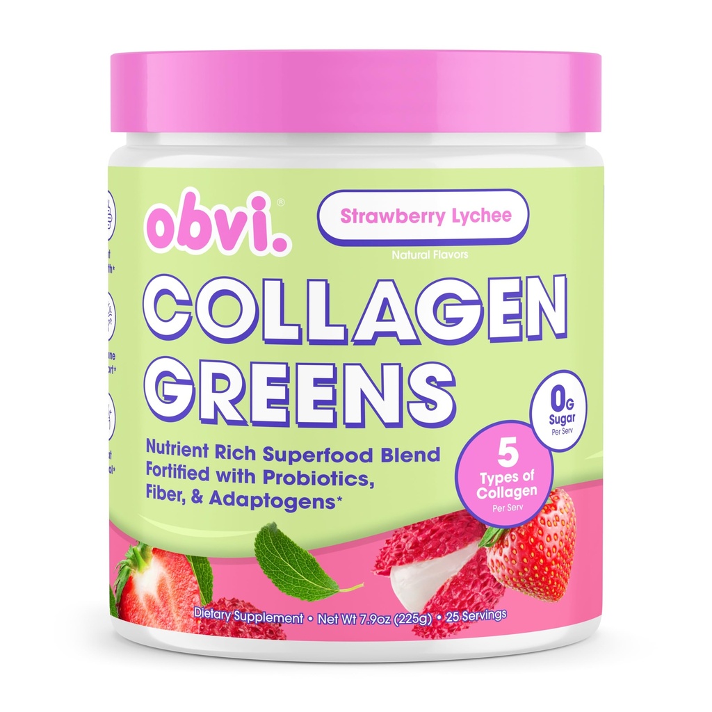 Obvi Collagen Green End 124; Organic Green Superfood Powder with Collagen Peptides Gut 124; Probiotika pro Gut Health, Skin, Hair, Nails Yellow 124; Gluten- Free, Nulový cukr Yellow 124; Strawberry Lychee Flavor, 25 Služeb