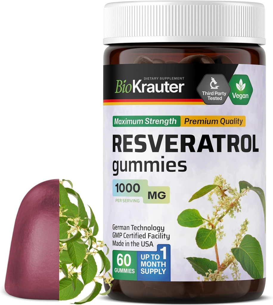 BIO KRAUTER Resveratrol Gummies - 1000 mg Síla - 60 Vegan Chews - 98% čistý trans Resveratrol Supplement - Antioxidant Support