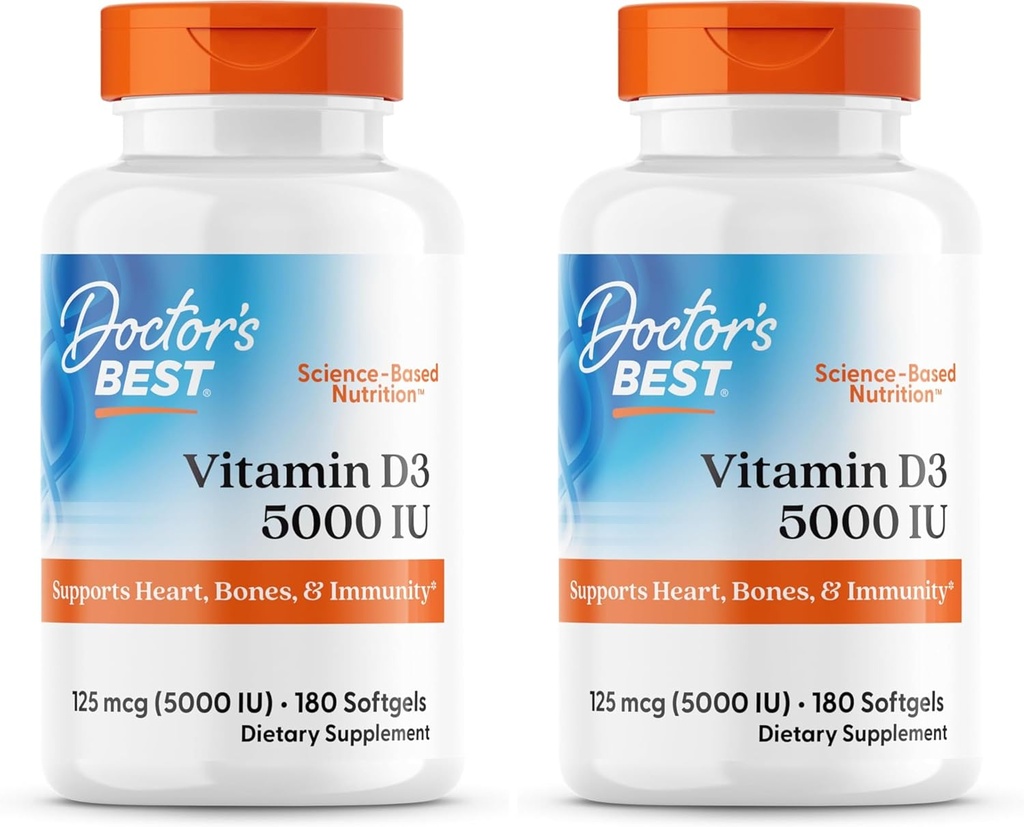 Lékařský BEST Vitamin D3 5000IU, Non- GMO, gluten & Soy Free, Reguluje imunitní funkci, podporuje zdravé kosti, bílá, No Flavour, 180 Počet (balení po 2)