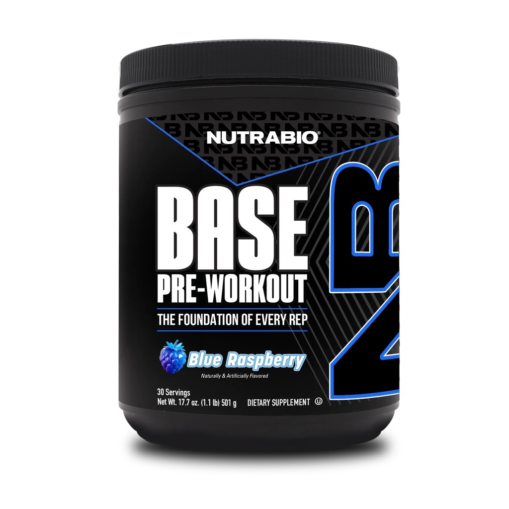 NutraBio Base Pre- Workout Powder 200mg Caffeine, Setrvalá energie, Focus, Endurance, Pumpa, Cukr zdarma, Čisté Prework pro muže a ženy - Beta Alanin, L-Tyrosin, 30 Služebnictví - Blue Raspberry