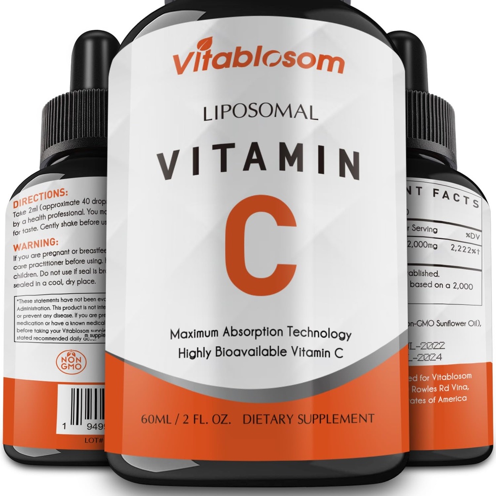 Lipozomální vitamín C 2000mg tekutý pro dospělé, vysoce absorpční VIT C, Maximalizovat vitamín C, imunitní systém a antioxidant Support, 60ML (1 lahvička)