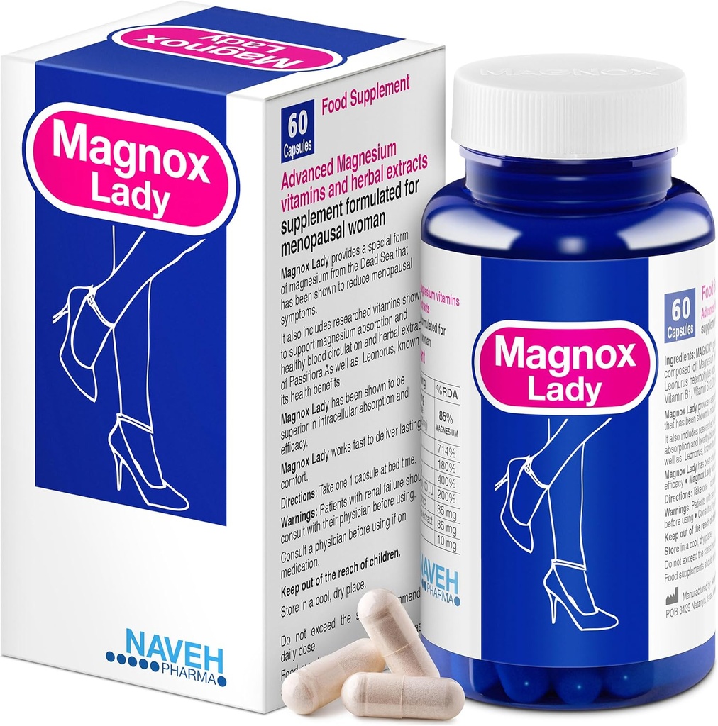MAGNOX ® Lady Magnesium Dodatek 124; Menopauza a PMS Support Dodatek pro ženy 124; komplex hořčíku s vitaminy B6, B1, B12, D, zinek 124; high-Absorpce Dead Sea Organic 124; 60 Vegetariánské kapsle