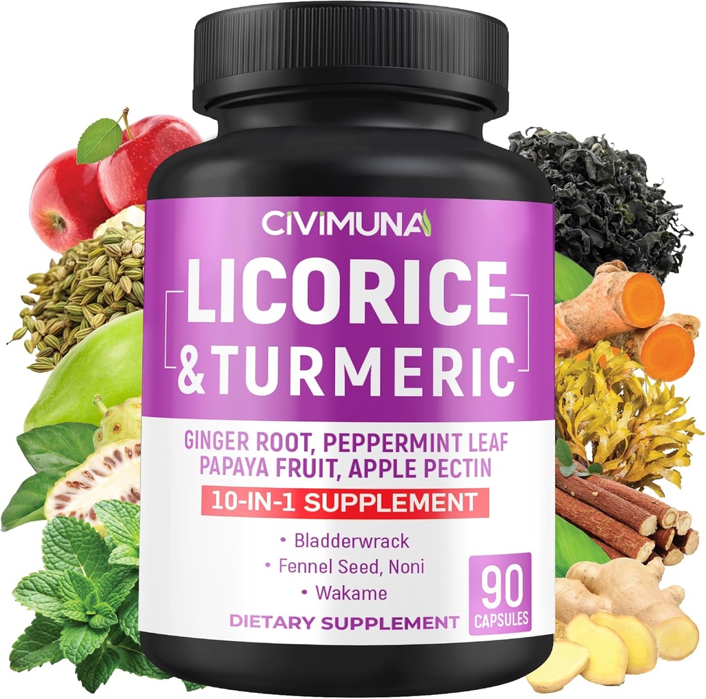 Lékořice Kapsle s lékořicí, Turmeric Root, Zázvor Root, Pepermint Leaf, Papája Ovoce - 3 měsíce Dodávka