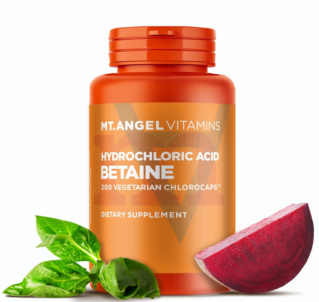 Mt. Angel Vitamíny - Kyselina chlorovodíková Betaine, podporuje zdravé trávení a žaludeční šťávy (200 Vegetariánských chlorokapů)
