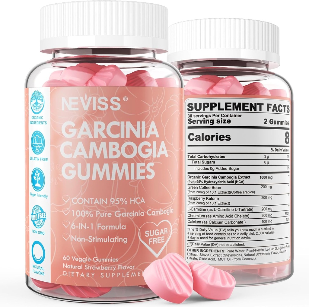 Sugar Free Garcinia Cambogia Gummies 1000mg 95% HCA s L- karnitin, Malina Keton, Chromium, Green Coffee Bean pro metabolismus, Energy Boost, 100% Organic Extract, Vegan, Strawberry Flavor 120 Cts