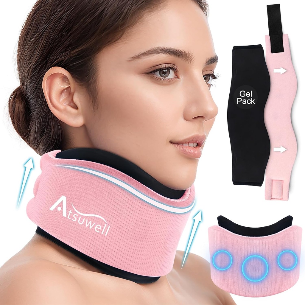 Atsuwell Soft Neck Brace Cervical Collar, Nastavitelná opora pro podporu krku s odstranitelným gelovým balíčkem, opakovaně použitelná ledová vložka pro správné místo, spánek, růžová
