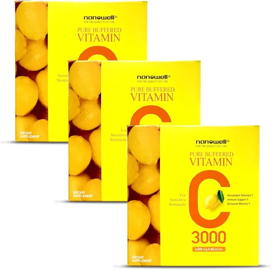 NANOWELL čistý pufrovaný vitamin C 3000 mg na servírování, dodatek stravy pro imunitní podporu - 60 Sticks x 3 krabice, 6 měsíců dodávky (180 Počet)