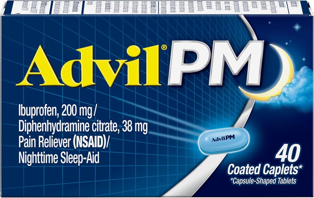 Advil PM (40 Počet, Balení 2) Reliever bolesti / noční spánková pomoc obalené Caplet, 200mg Ibuprofen a 38mg Difenhydramin Citrát