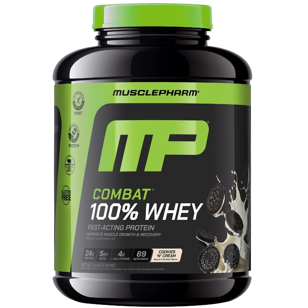 MusclePharm Combat 100% syrovátkový protein prášek, cookies 'N' Cream Flavor, rychlé zotavení a svalový zisk s syrovátkovým proteinovým izolátem, vysoký proteinový prášek pro ženy a muže, gluten zdarma, 5 liber, 69 Služeb