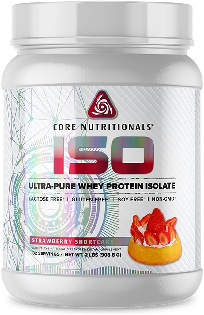 Jádro Nutriční látky Iso Whey Protein izolát 124; Laktosa, gluten, & Soy zdarma 124; 100% Mikro filtrovaný, studená lisovaná 124; 25g protein 124; 2 libry (jahodový koláč)