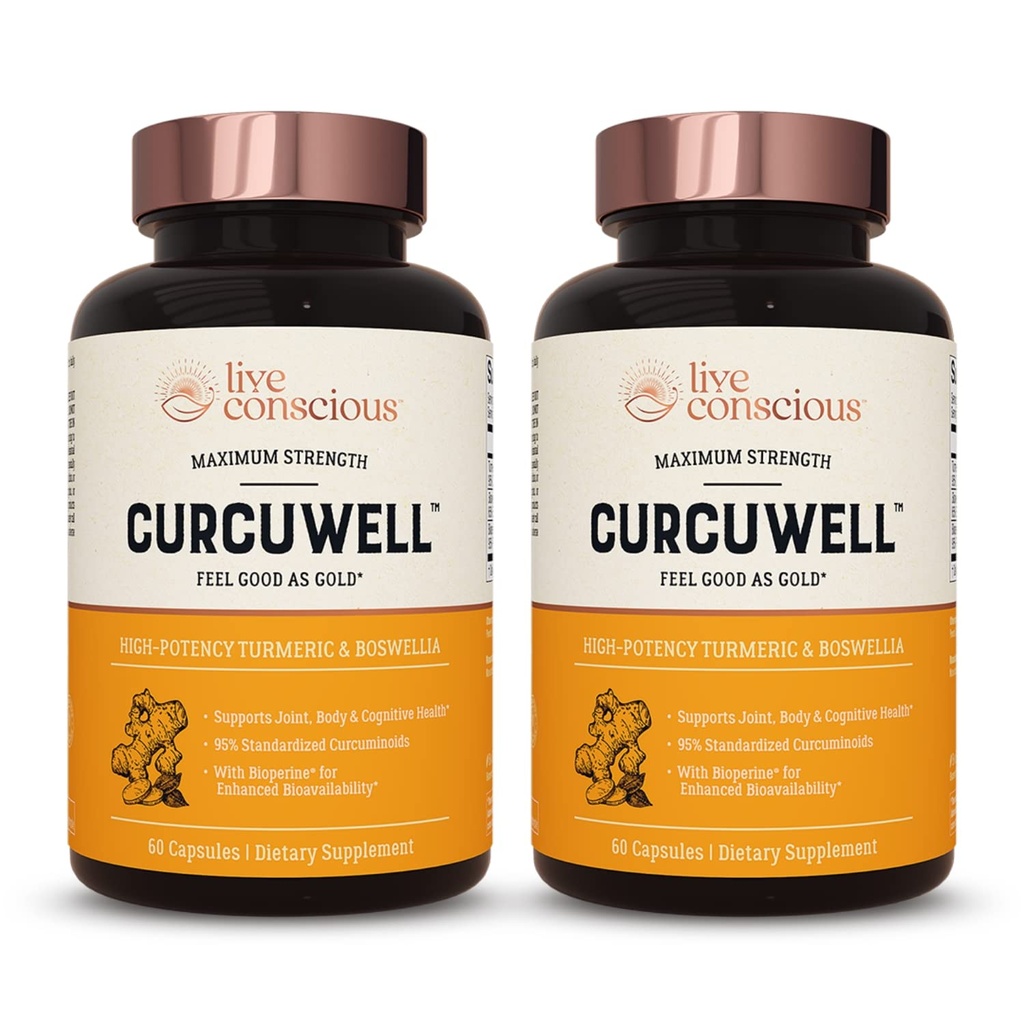 Živé vědomí CurcuWell - Curcumin a Boswellia Blend 124; Maximální síla kloubu, tělo a kognitivní podpora - 60 denní dodávky (2-Pack)